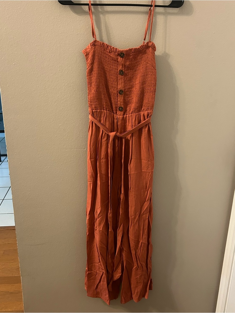 Love Tree Rust Orange Smocked Jumpsuit with Button Front